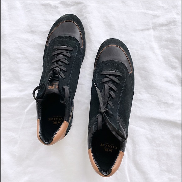 Coach Shoes, Black suede and Tan leather Sneakers, white trim with black bottoms - Picture 1 of 6